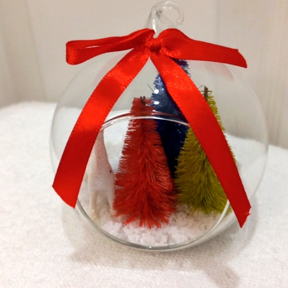 NWOT Round Glass Ornament  3" with Xmas Trees & Raindeer
